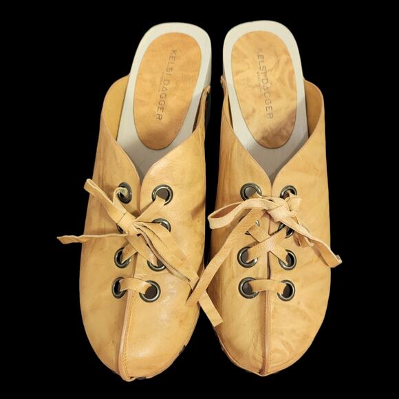 Kelsi Dagger Clogs Tan Leather Lace Up Wedge Wood Heel Mule Slip On Retro Size 9 - Picture 14 of 15